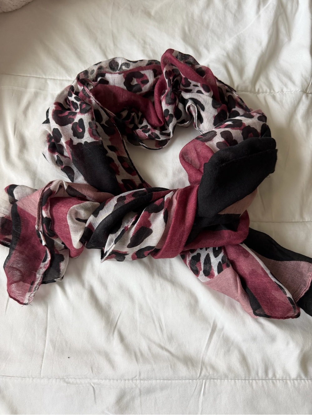 Lightweight Burgundy and Black Leopard-Print Scarf